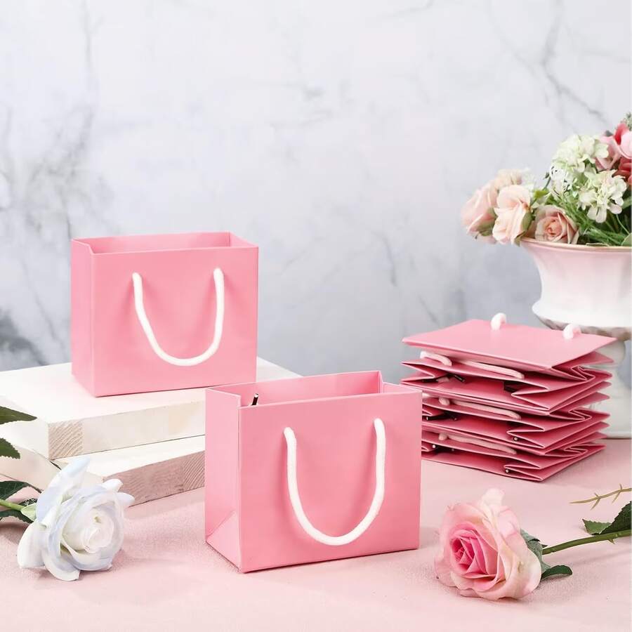 20pcs Mini Pink Gift Bags With Handles, Thickened Foldable Gift Tote Bags, Reinforced Rope Handles With Strong Load-Bearing, Simple Solid Color Collapsible Storage, Suitable For Gift Wrapping, Shopping Packaging, Party Events, Retail Shops, Holiday Gifting, Multi-Purpose Paper Tote Packaging Bags - One Size - View 1