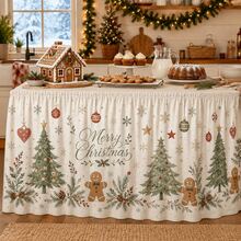 Christmas Table Skirt, Printed With Merry Christmas Pattern, Farmhouse Style Holiday Decor, Featuring Christmas Tree, Gingerbread Man, Snowflake And Pine Branch Designs, Comfortable Polyester Tablecloth, Suitable For Christmas Dinner Party, Family Gathering, Kitchen And Home Decor - A - View 5