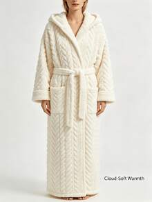 1pc Women's Comfortable Coral Fleece Hooded Robe, Extra Long Wearable Blanket, Plus Size Thick Warm Bathrobe, Winter Home Essential, Soft Warm Loungewear With Pockets, Machine Washable - Multicolor - View 2