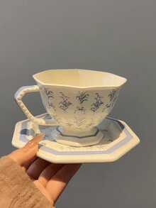 1 Set French Octagonal Lily Of The Valley Floral Cup And Saucer, Vintage Floral Milk Coffee Cup, Snack Dessert Cup And Saucer, Fruit Tableware Plate, Dessert Cup And Saucer, Suitable For Restaurant, Living Room, Cafe, Gift, Party - Blue - View 2