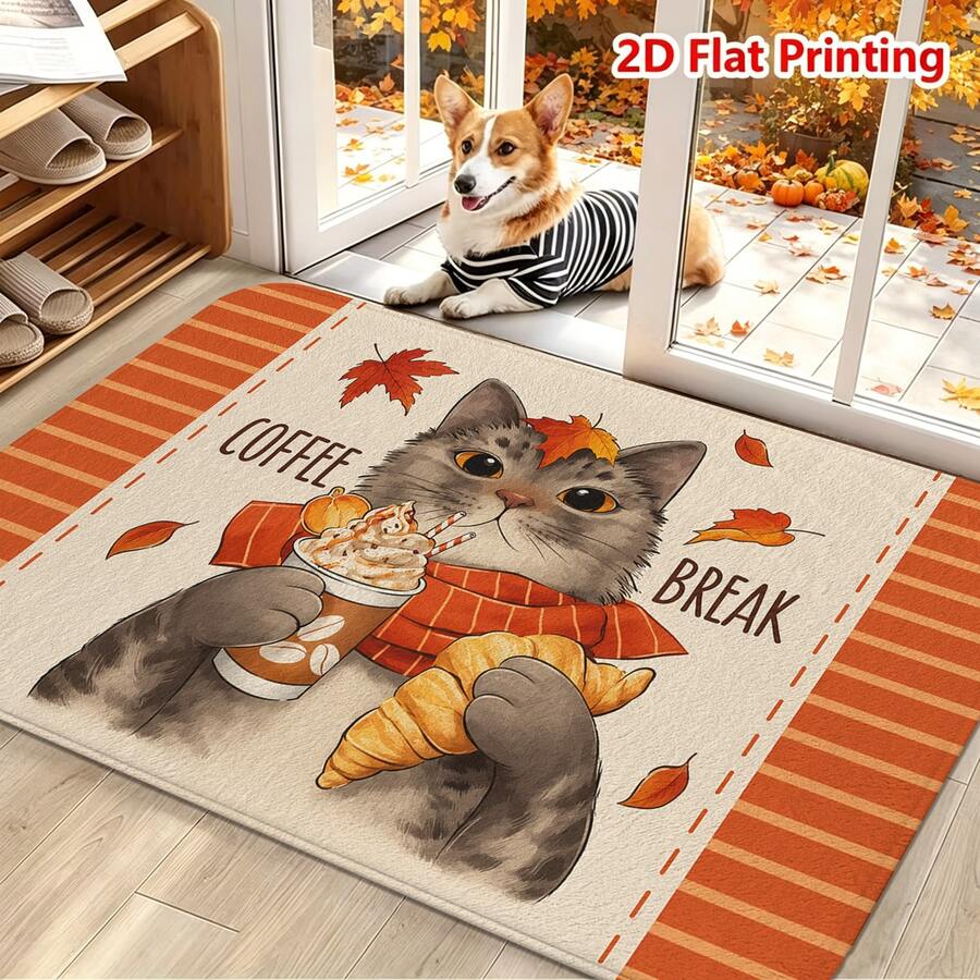 1/2pcs Autumn Door Mat, Autumn Maple Leaf Cat Coffee Theme Flannel Door Mat, Comfortable Soft Absorbent Non-Slip Machine Washable, Multi-Functional Home Entrance Living Room Kitchen Bathroom Hallway Floor Mat, Thanksgiving Holiday Decoration Carpet - Multicolor - View 1