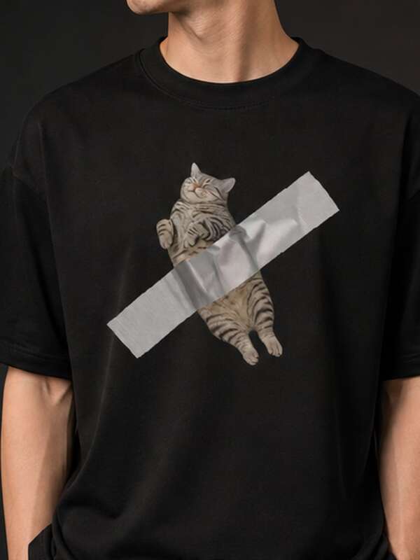 Herren 100% Baumwolle Rundhals T-Shirt mit Katzen-Muster, lässiges Kurzarm Oberteil für Outdoor Sommeraktivitäten. Schnelle Lieferung
