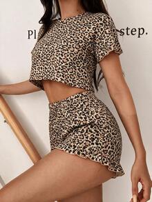 2pcs/Set Comfortable Leopard Print Pajama Set, Short Sleeve Cropped Top With Ruffle Elastic Waist Shorts, Women's All Season Home Sleepwear - Multicolor - View 4