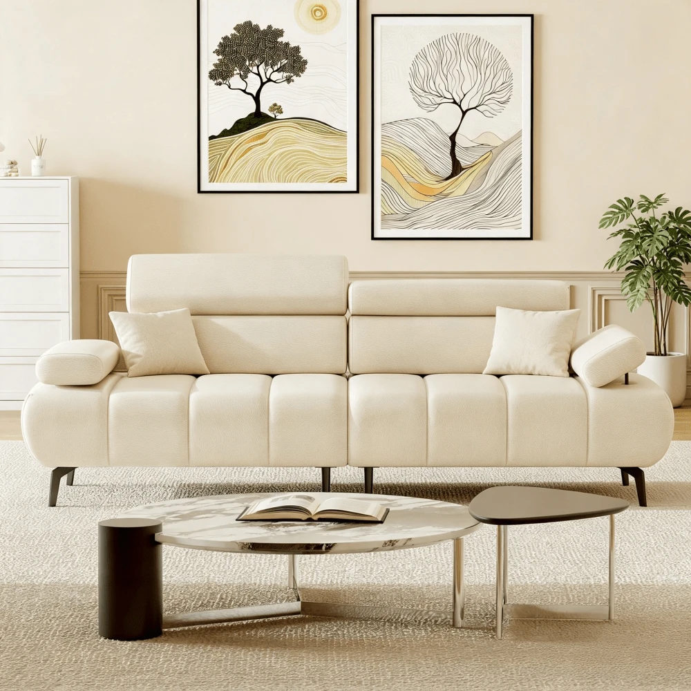 Sofá cama de 86" futón, 3 plazas faux cuero sofá dormitorio | con respaldo ajustable y reposacabezas de 6 niveles, convertible Loveseat para la sala de estar y el dormitorio - Blanquecino - Ver 1