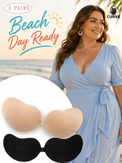 4 Pairs Plus Size Mango Cup Fabric Adhesive Bra With Front Clasp, Push Up Strapless Bra For Wedding And Evening Dresses