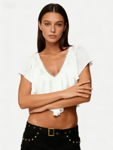 Blusa bohemia de mujer con cuello en V con volantes, manga corta con volantes y corte crop de gasa - Blanco - Ver 7