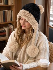 Colorblock Plush Warm Ear Protection Windproof Winter Hat With Pom Pom And Tassel, Soft Warm Headwear For Women, Suitable For Snow Outdoor Daily Wear, 4 Colors Available - Multiple Styles - View 9
