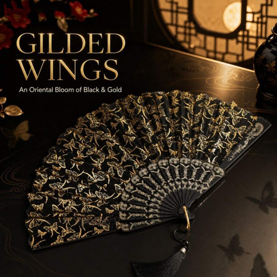 Black & Gold Foil Butterfly Rose Chinese Style Printed Folding Fan With Tassel, Handheld Fan For Evening Gown, Cheongsam, Hanfu, Runway Show, Each Fan Face Color, Pattern And Design Position May Vary Slightly - Multicolor - View 1