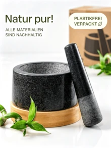 14cm Natural Granite Mortar Set With Extended-Handle Pestle And Wooden Stand – Manual Grinding Bowl For Spices, Herbs And Nuts At Home – European-Style Kitchen Utensils - Black - View 6