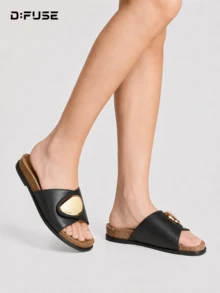 D:FUSE Women's Gold Metal Buckle Open Toe Slip-On Flat Low Heel Sandals, Office Lady Style, Summer Daily Date Beach Vacation Wedding Comfortable Black PU Slides - Black - View 8