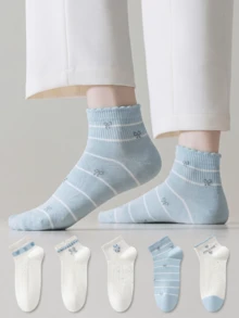 ZUJO 5 Pairs Women's Blue-Grey Short Socks, Bowknot Striped Polka Dot Pattern, Suitable For Home And Travel All Year Round, Simple And Comfortable, Suitable For All Seasons, Random Color - Multicolor - View 2