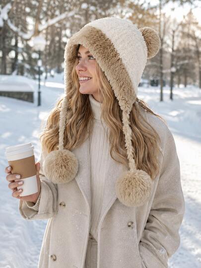 Color‑Block Fuzzy Plush Ear Flap Trapper Hat, Warm Windproof Winter Hat With Hanging Pom‑Pom Tassels, Soft Thermal Headwear For Women Snow Outdoor Daily Wear, Four Color Options