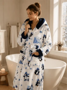 1pc Autumn/Winter Relaxed Multi-Color Animal & Fruit Print Flannel Long Bathrobe With Two Pockets, Tie Waist, Hooded Couple Robe - Multicolor - View 6