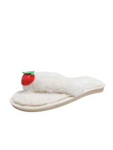 Cute Strawberry Fluffy Women's Flip Flops, Comfortable Plush Faux Fur Open Toe Slippers Sandals, Non-Slip Flat Bottom Indoor Bedroom Slippers - White - View 7