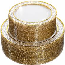 10/25/50pcs Elegant Transparent Dessert Plates With Hammered Gold Rim, 7.5 Inch And 10.25 Inch, Perfect For Wedding Decor, Bridal Shower, Birthday Dinner Party, Picnic, Valentine's Day, Christmas, Halloween And Various Party Events Multi-Functional Plates - View 2