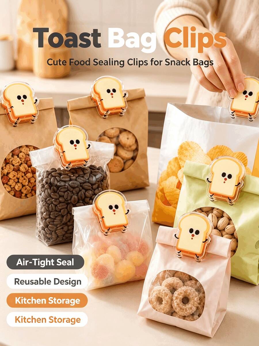 Cute Cartoon Toast Acrylic Bag Clips, Multi-Functional Snack Sealing Clips, Reusable Food Bag Sealers, Suitable For Kitchen Snack Storage, Photo And Memo Paper Fixing - Multicolor - View 1