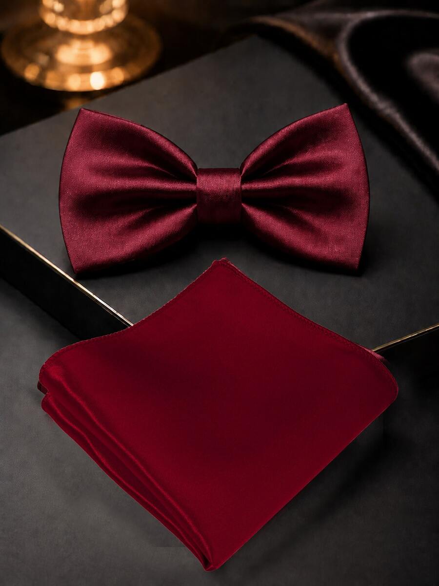 1SET (2pcs) Solid Color Bow Tie & Pocket Square Set, Adjustable Bow Tie & Handkerchief Combination, Suitable For Daily Wear, Wedding, Party, Cocktail, Banquet - Burgundy - View 1