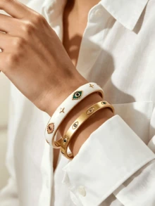 Open Cuff Bangle Set With Evil Eye Enamel And Rhinestone Decor, Bohemian Vintage Bracelet, Suitable For Daily Wear, Holiday Travel And Party Occasions, Stackable Design For Versatile Styling, Popular Fashion Accessory, Perfect For Anniversary And Holiday Gifts - Yellow Gold - View 3