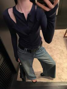 Kaos Rajut Lengan Panjang 2-in-1 Wanita, Atasan Lapisan Dasar Slim Fit yang Menawan, Musim Gugur - Navy Blue - View 7