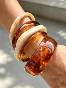 Wide Resin Acrylic Layered Bracelet Set, Amber Thin Round & Volcanic Bracelet Set, Vintage Maillard Commuter Style Accessory, Featuring Caramel Tie Dye Texture And Cream White Contrast Design, Suitable For Daily Wear, Vacation Travel And French Casual Gatherings, Can Be Layered To Create Layered Looks, Versatile Fashion Accessory, Ideal Holiday Gift For Friends And Family - Multicolor a - View 3