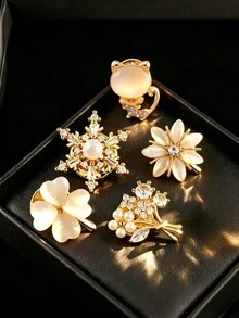 5件裝閃亮水鑽花朵胸針，小巧精緻，適合週一至週五穿戴，搭配衣著胸針（不含禮盒） - 金色 - 查看 4