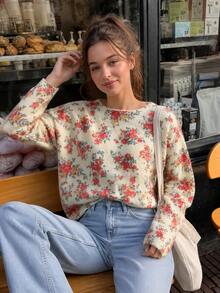 Women's Ditsy Floral Knit Sweater, Boat Neck Long Sleeve Top, Back Button Closure Design, Autumn Street Casual Outdoor Jacket - Multicolor - View 3