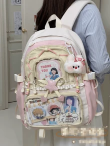 1件甜美女孩時尚後背包，蕾絲抽繩設計展現精緻優雅，日系校園風大容量學生背包，雙隔層多口袋拼色設計，高品質輕量學生肩背包，日系動漫可愛DIY痛包透明裝飾包 - 黑色 - 查看 8