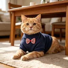 1pc Waffle Knit Pet Shirt With Gentleman Bow Tie, Suitable For Poodle, Teddy, Maltese Puppy And Cat - Navy Blue - View 6