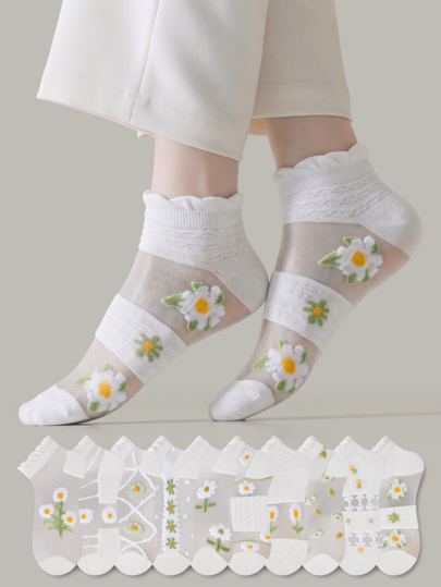ZUJO 5 Pairs Women's Invisible Thin Short Socks, Floral Pattern, Suitable For Spring And Summer Daily Wear, Simple And Comfortable, Random Color