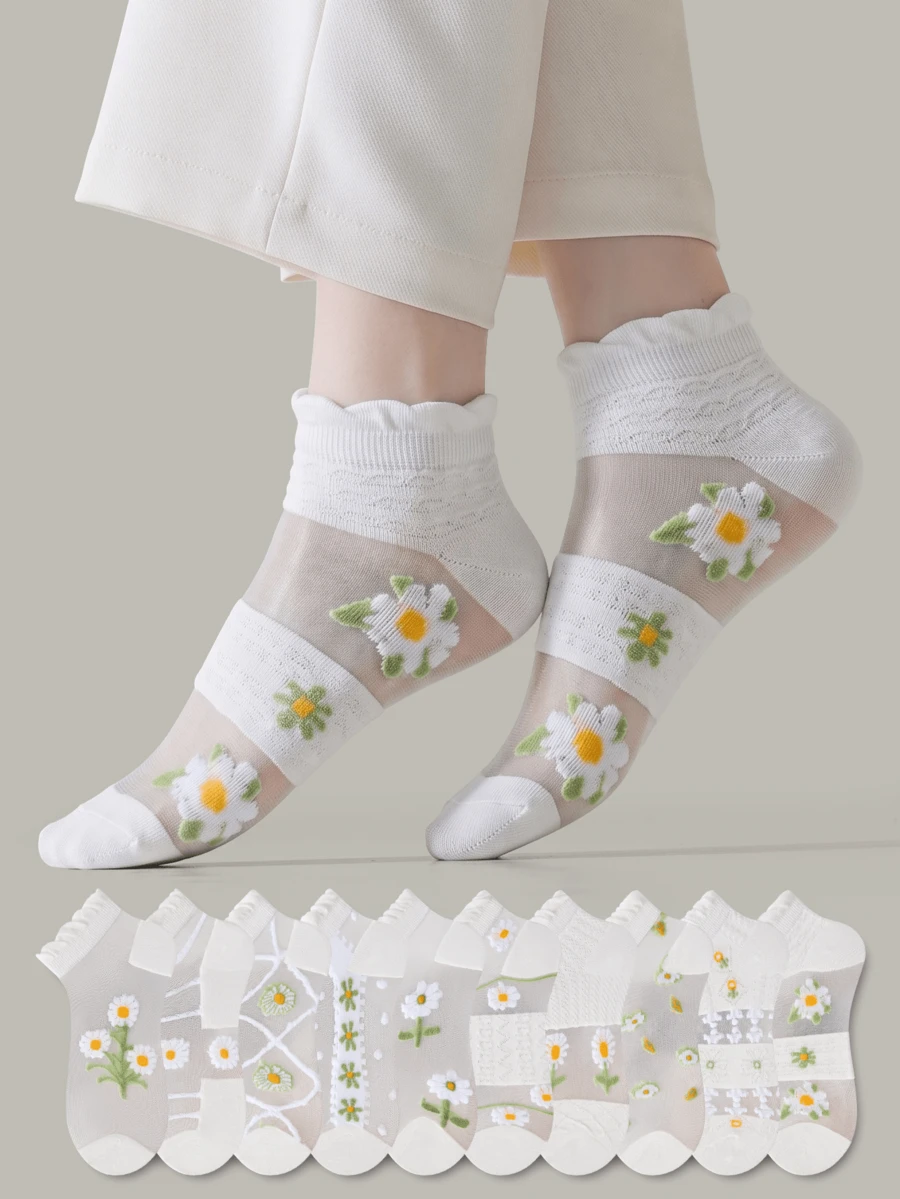 ZUJO 5 Pairs Women's Invisible Thin Short Socks, Floral Pattern, Suitable For Spring And Summer Daily Wear, Simple And Comfortable, Random Color - Clear - View 1