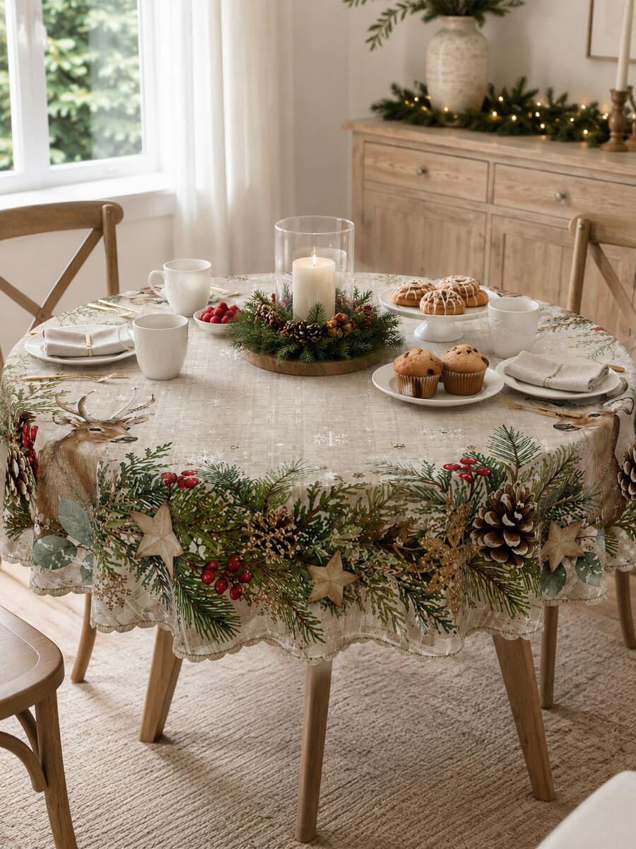 2026 Christmas Decor: Beige Polyester Tablecloth With Reindeer And Forest Pattern, Suitable For Winter Holiday Garden Party Or Kitchen Dining Table, Creating Festive Christmas Atmosphere - Multicolor - View 1