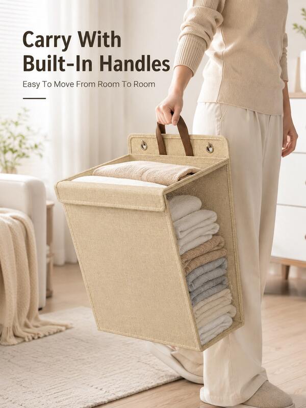 This Foldable Wall-Mounted Fabric Laundry Basket Is Designed For The Bathroom, Saving Space And Is Perfect For Use In Bedrooms, Living Rooms And Bathrooms, Providing A Flexible Solution For Storing Clothes Or Toys