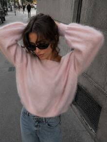 Women's Cozy Pink Off-The-Shoulder Knitted Top With Long Drop Shoulder Sleeves, Regular Length Medium Stretch Sweater For Fall And Winter. - Pink - View 3