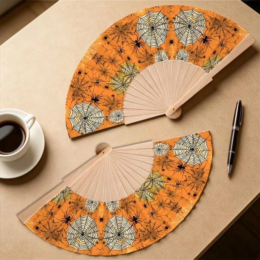 2pcs Halloween Orange Spider Web Spider Print Wooden Folding Fan, Holiday Party Costume Handheld Cooling Decorative Folding Fan - Multicolor - View 1