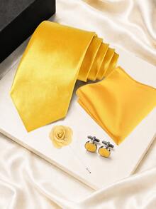 1SET (5pcs) Solid Color Tie Pocket Square Lapel Pin Cufflinks Set, Solid Color Hand-Tied Tie Handkerchief Lapel Pin Cufflinks Combination - Yellow - View 1