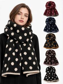 Versatile Polka Dot Plush Knit Scarf For Women, Korean Style Autumn/Winter Vintage Neck Warmer Shawl, Double-Sided Wearable Warm Woolen Scarf - Multicolor - View 1
