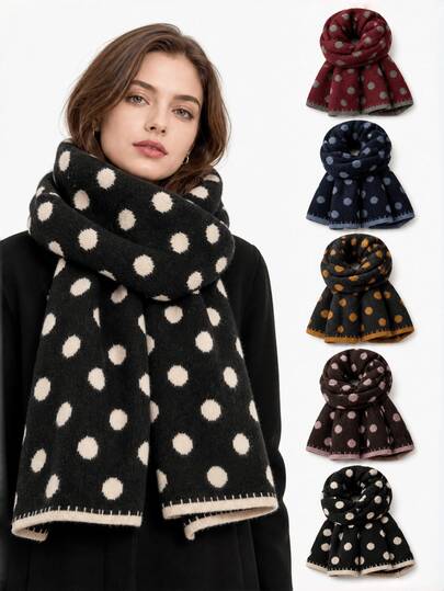 Versatile Polka Dot Plush Knit Scarf For Women, Korean Style Autumn/Winter Vintage Neck Warmer Shawl, Double-Sided Wearable Warm Woolen Scarf
