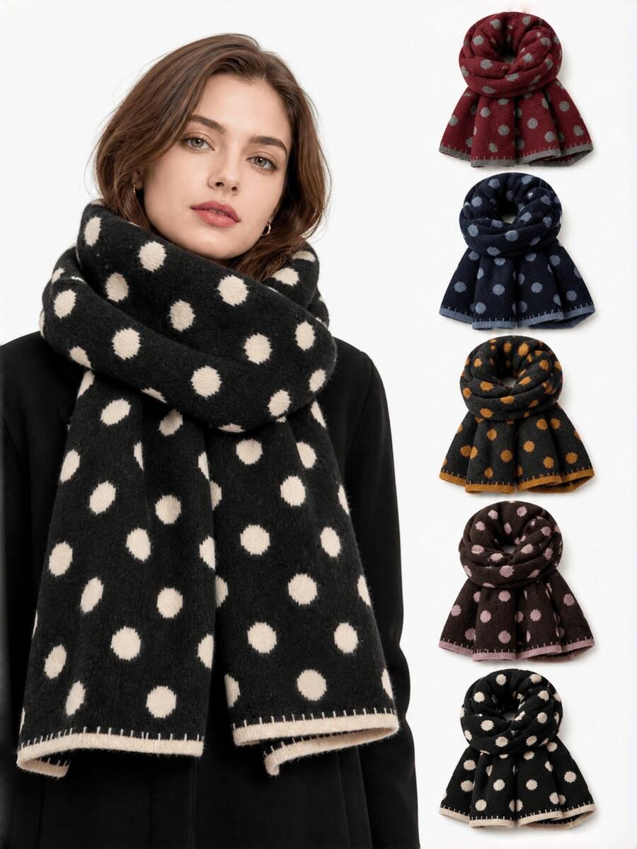 Versatile Polka Dot Plush Knit Scarf For Women, Korean Style Autumn/Winter Vintage Neck Warmer Shawl, Double-Sided Wearable Warm Woolen Scarf - Multicolor - View 1
