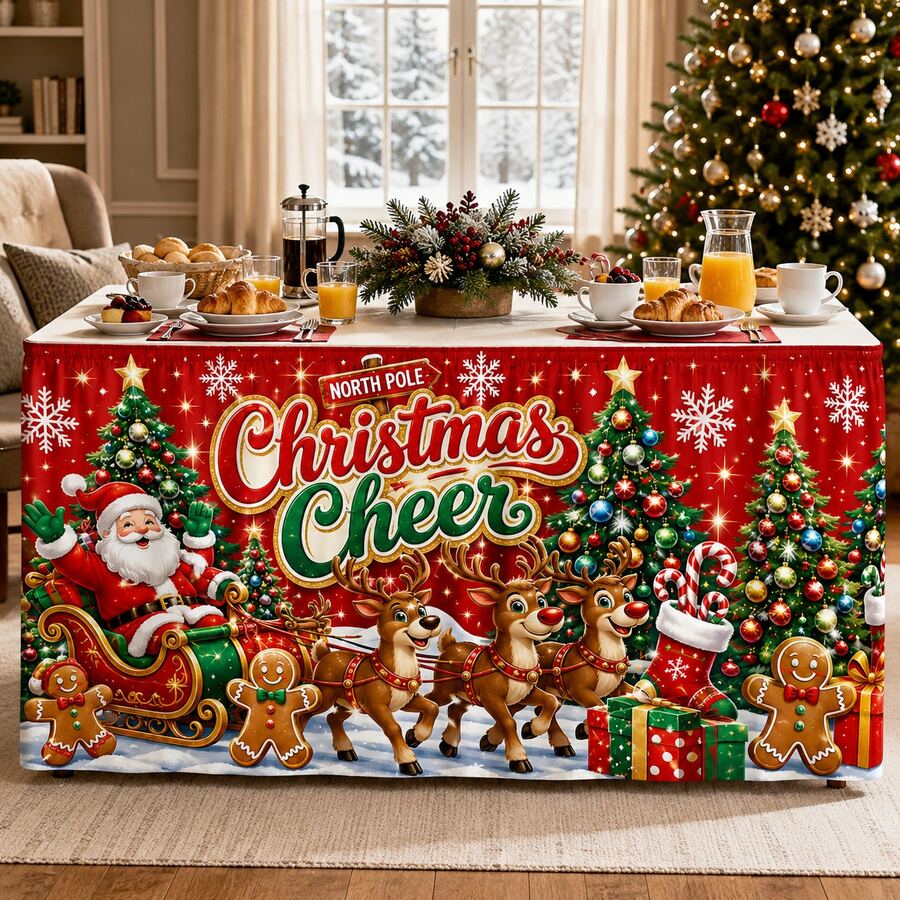 Christmas Table Skirt, Printed With Santa Claus, Reindeer And Christmas Tree Patterns, Arctic Holiday Theme Polyester Tablecloth, Colorful Christmas Party Decoration, Suitable For Family Gatherings, Children's Christmas Parties, Restaurants And Winter Home Decor - A - View 1