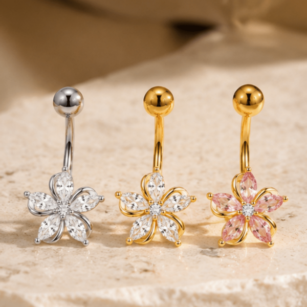 1pc Elegant High-End Silver-Plated Copper Flower-Shaped Cubic Zirconia Navel Ring, Shiny Piercing Jewelry, Suitable For Women's Party, Valentine's Day And Vacation