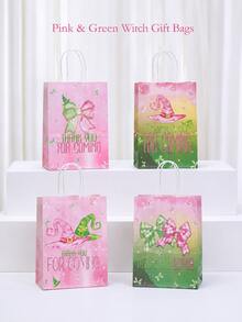 12pcs Reusable Pink & Green Bow Print Tote Gift Lunch Bags, Suitable For Halloween Party, Birthday Party, Holiday Gift Packaging - Multicolor - View 6