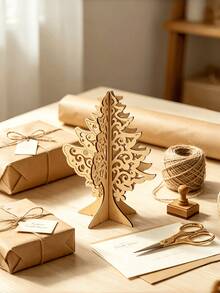 1pc Christmas Tree Ornament, New Wooden 3D Christmas Decoration Craft Hollow Carved Desktop Christmas Tree Ornament - Wood Color - View 5