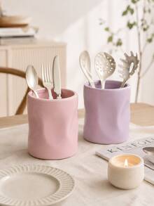 1pc Wavy Texture Kitchen Countertop Utensil Holder, Large Capacity Utensil Holder, Modern Asymmetrical Pleated Design Kitchen Utensil Storage Rack, Multi-Purpose Suitable For Utensils, Makeup Brushes, Home Kitchen Decor Storage Organizer - Multicolor - View 9