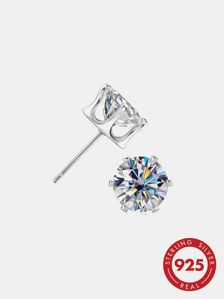 【奢華立方鋯石純銀】1對 0.6ct&1ct&2ct&3ct&4ct&6ct 白金鍍層 S925 銀 CZ 圓耳釘，經典單鑽款，低過敏