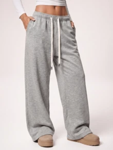 KyrLssu Women High Waist Drawstring Wide Leg Sweatpants, Casual Loose Pocket Workout Trousers - Grey - View 3