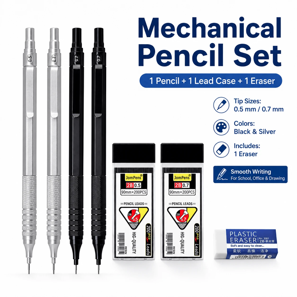 Mechanical Pencil Set, 0.5mm/0.7mm Metal Drafting Pencil , Knurled Grip Mechanical Pencil For Students, School, Office, Writing, Drawing And Sketching