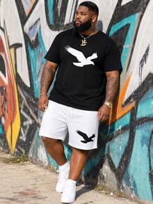 Conjunto de camiseta con estampado de águila dual y pantalones cortos con detalle de bolsillo para hombres talla grande - Blanco y Negro - Ver 1