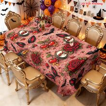 1/2pcs Halloween Tablecloth, Gothic Dark Style Rose Cherry Bat Lips Pattern Polyester Tablecloth Suitable For Dining Room Kitchen Coffee Table Dining Table Picnic Camping Country Farmhouse Decor And Halloween Holiday Decoration - Multicolor - View 5
