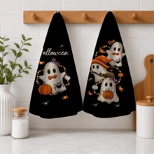 2pcs Black Beads Pumpkin Halloween Kitchen Towels, Farmhouse Bat Spider Decorative Hand Towel Set - Multicolor - View 4
