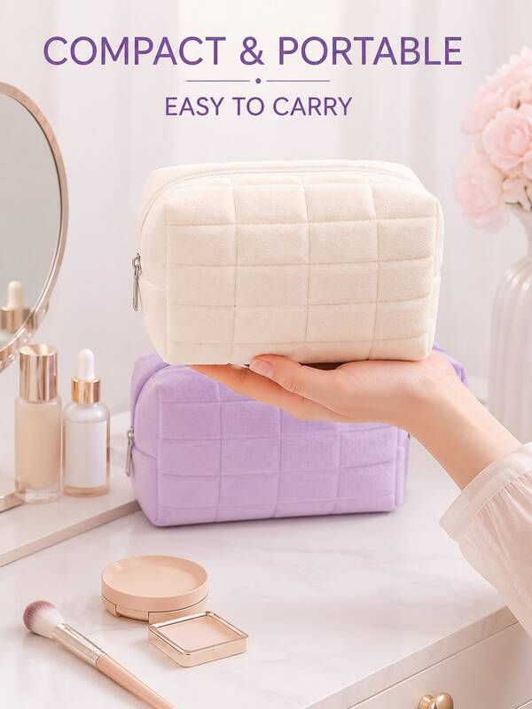 1 pieza Bolsa de maquillaje de peluche a cuadros para mujeres, bolsa de cosméticos de terciopelo suave acolchada, organizador de artículos de tocador portátil con cremallera para viajes, bolsa de almacenamiento de brochas de maquillaje de gran capacidad para bolso, uso diario, dormitorio, vacaciones, colores crema pastel
